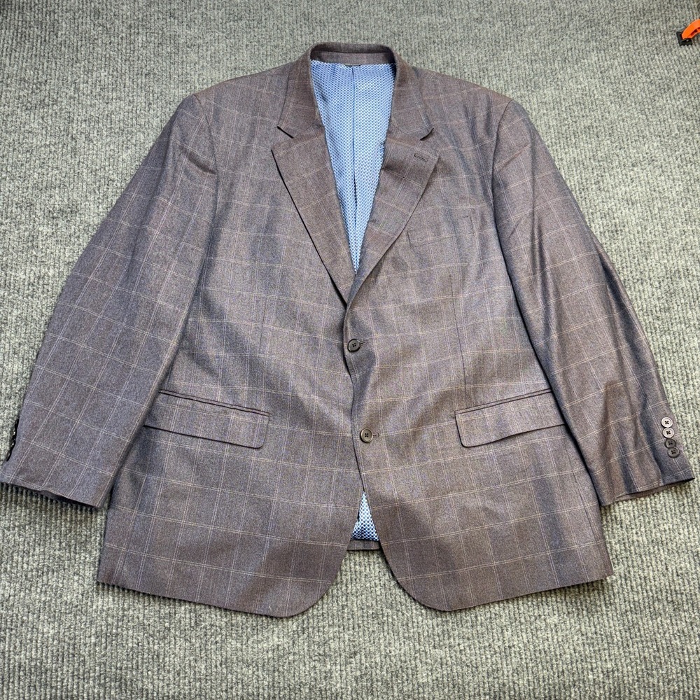 Oak Hill Blazer Mens 2XLT 50R/52R Purple Blue Windowpane Silk Wool Suit Jacket‎